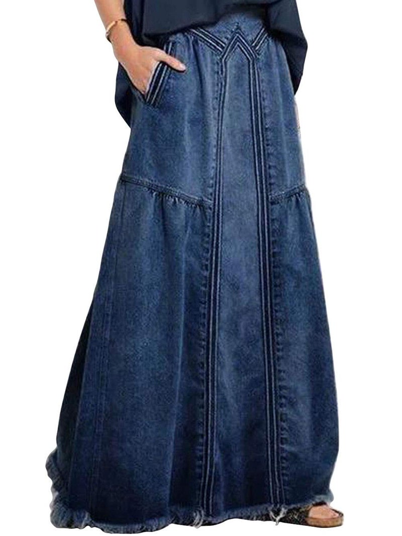 ebossy Women's Casual Elastic Waist Frayed Hem A-Line Distressed Hippie Long Maxi Denim Skirt (XX-Large, Dark Blue) - Image 1